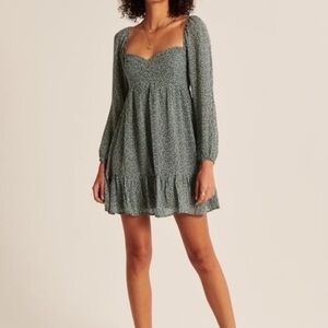 Abercrombie & Fitch Green Floral Long Sleeve Corset Babydoll Mini Dress